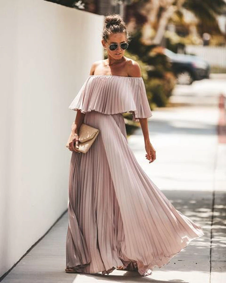 Elegant Off Shoulder Chiffon Summer Ruffle Pleated Prom Dresses C749