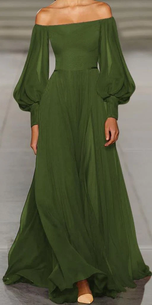 Green party dress with lantern sleeves solid off the shoulder prom dress c2539