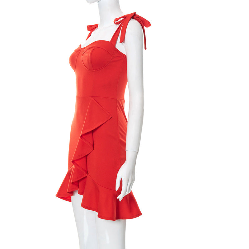 Tied Detail Ruffle Hem Bodycon Dress Short Homecoming Dress c2495