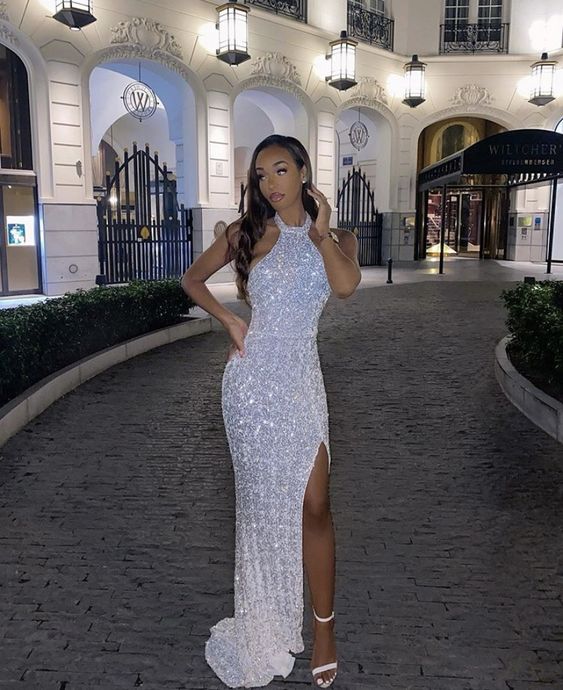 Charming Sexy Mermaid Halter White Sequins Long Evening Dresses with Split C239
