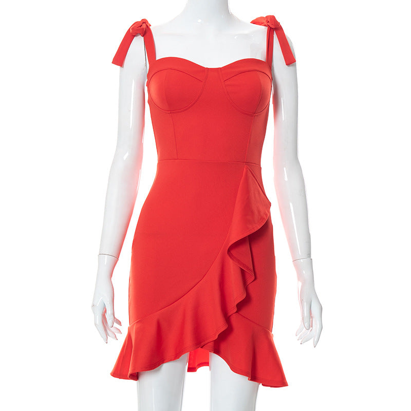 Tied Detail Ruffle Hem Bodycon Dress Short Homecoming Dress c2495