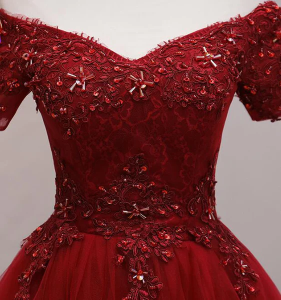 Tulle Dark Red Off The Shoulder Knee Length Homecoming Dress, Red Party Dress c2621