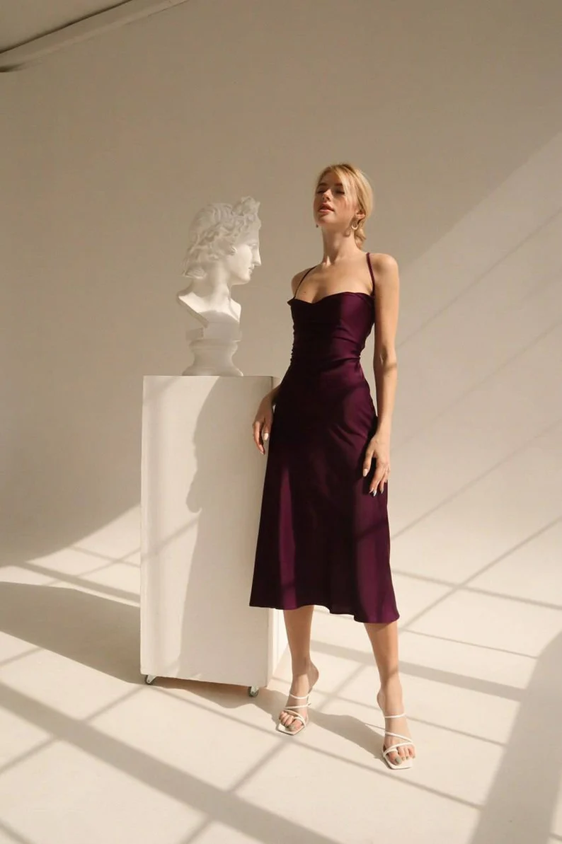 Midi Silk Slip Dress With Cowl Neck Sheath Backless Party Dress cc140