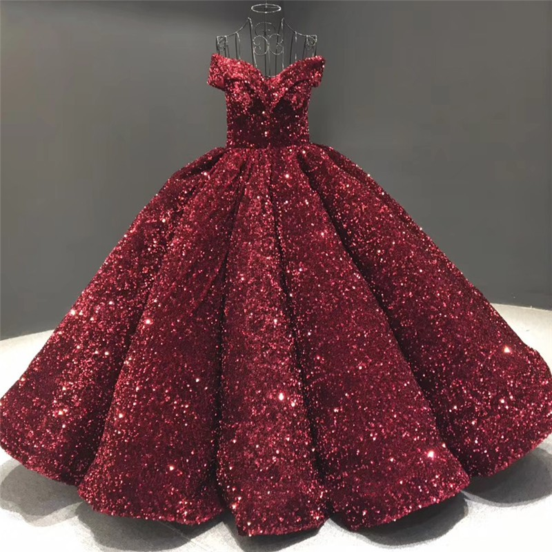 Sparkly Sweetheart Off The Shoulder Ball Gown Wedding Dresses | Sequin Puffy Bridal Gown c3259