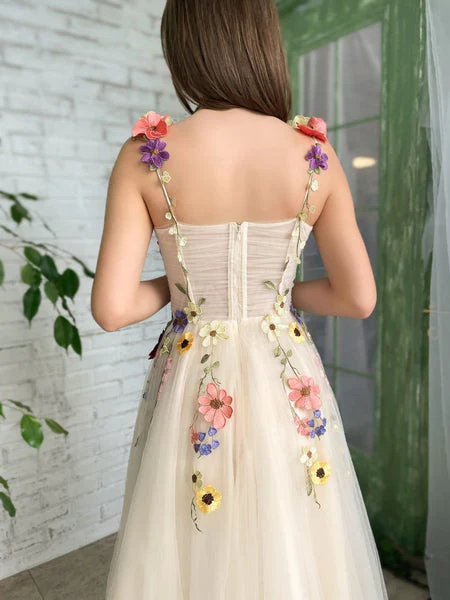Tea Length Straps Homecoming Dress With Flower, Cocktail Dresses With 3D Flower c2709