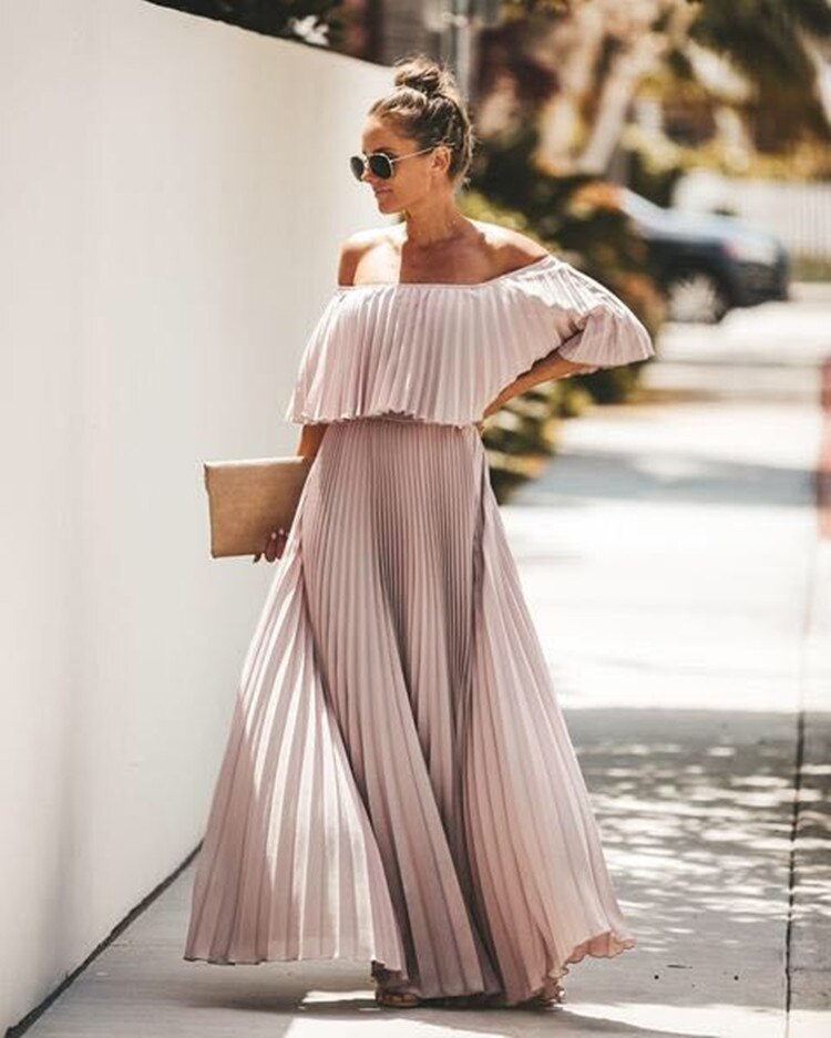 Elegant Off Shoulder Chiffon Summer Ruffle Pleated Prom Dresses C749