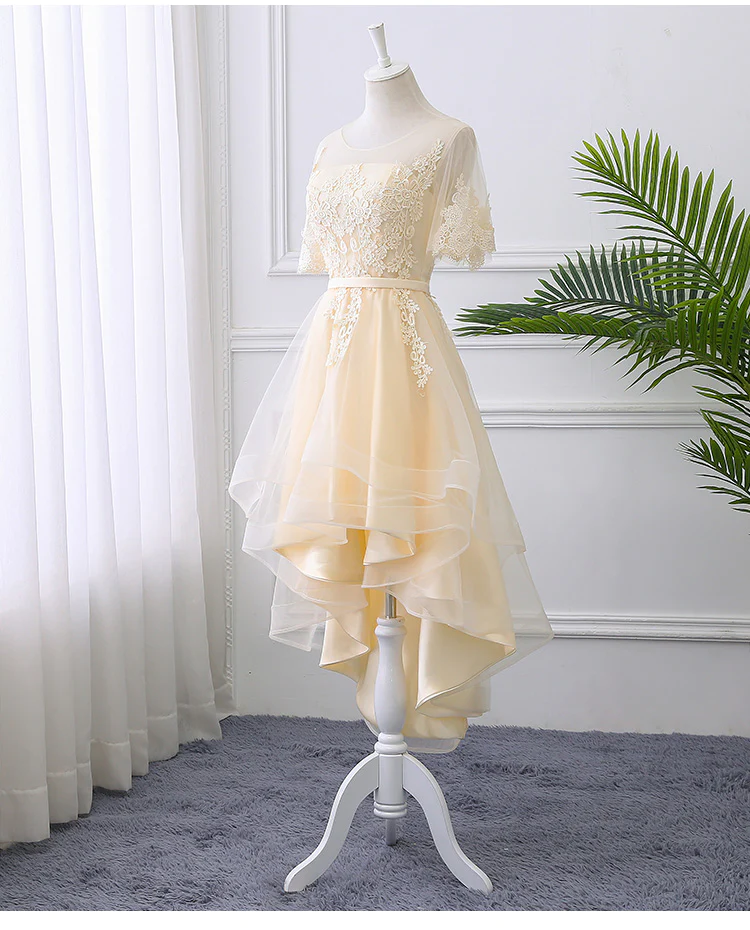 Adorable Light Champagne High Low Party Dress with Lace Applique, Short Homecoming Dress c2693