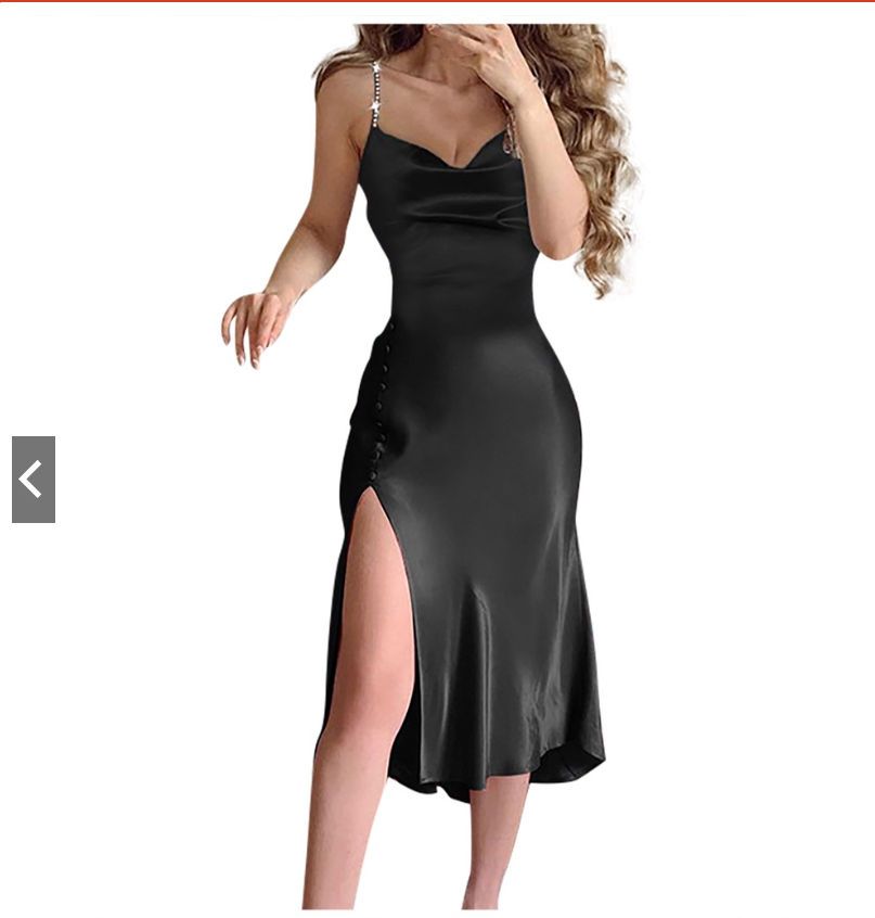 Studded Strap Buttoned Cowl Neck High Slit Satin Dress Party Dress C2229