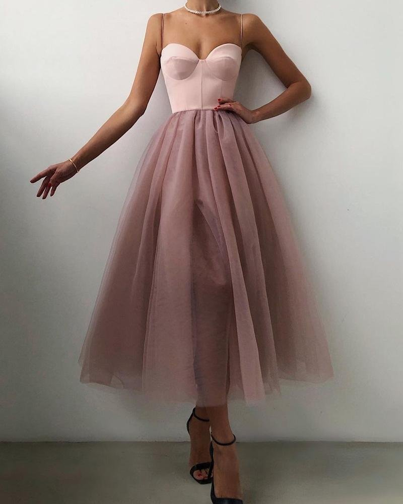 Spaghetti Strap Plain Sheer Evening Dress Simple Tulle Party Dress c2751