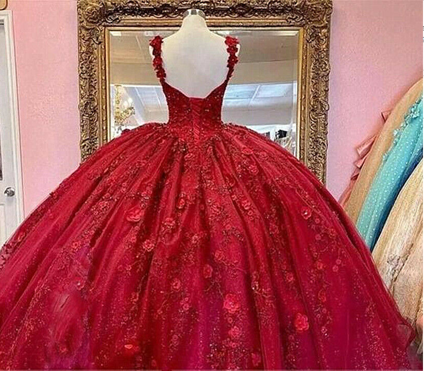 Red Quinceanera Dresses 3D Flowers Appliques Top Beaded Ball Gown Sweet 16 Dress c2761