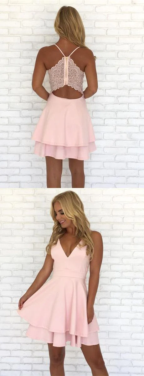 Cute Spaghetti Strap A Line Pink Short Homecoming Dresses c2926