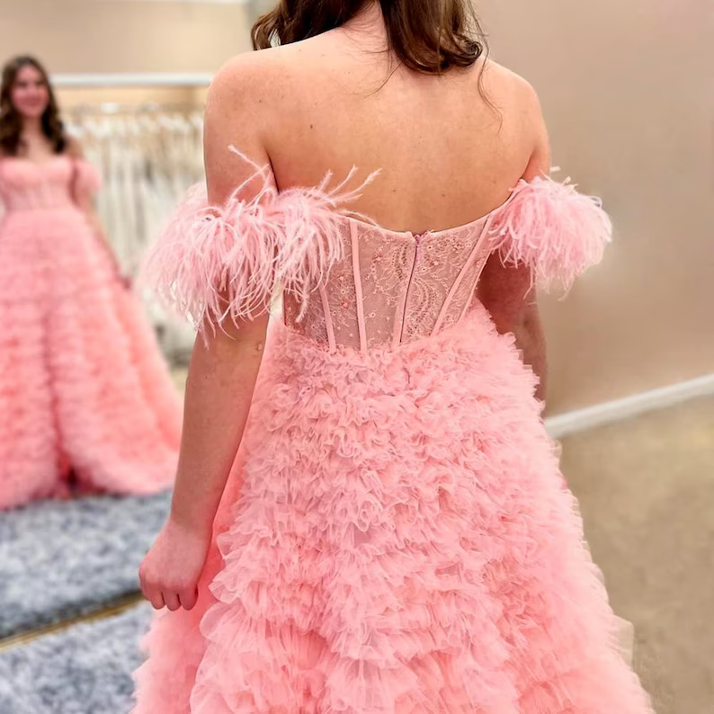 Pink Tulle Ruffled Gown, Off Shoulder Tulle Dress, Tulle Prom Dress, Corset Tulle Ball gown, Graduation Dress c3390
