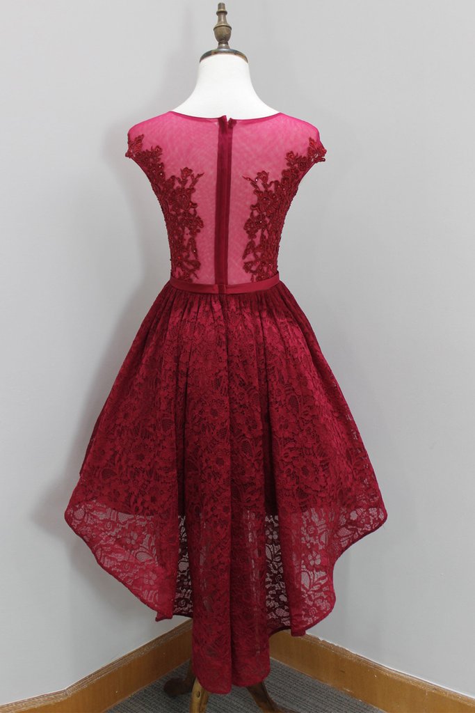 Lovely Wine Red Lace High Low Round Neckline Prom Dresses, Burgundy Homecoming Dresses, High Low Formal Dresses c2600
