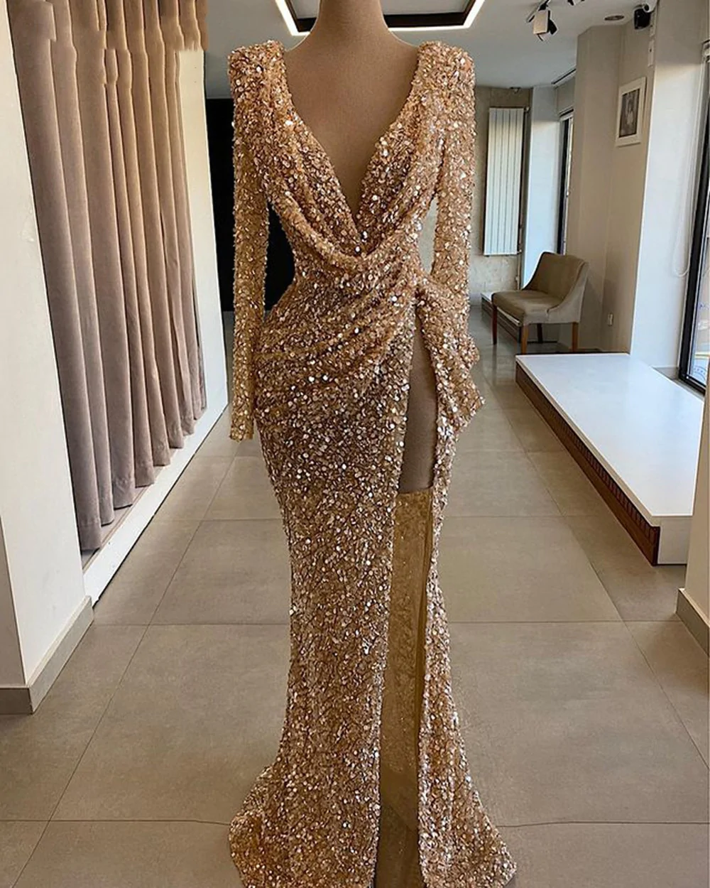 Sparkly Sequin Mermaid Sexy Long Sleeve Evening Dress cc497