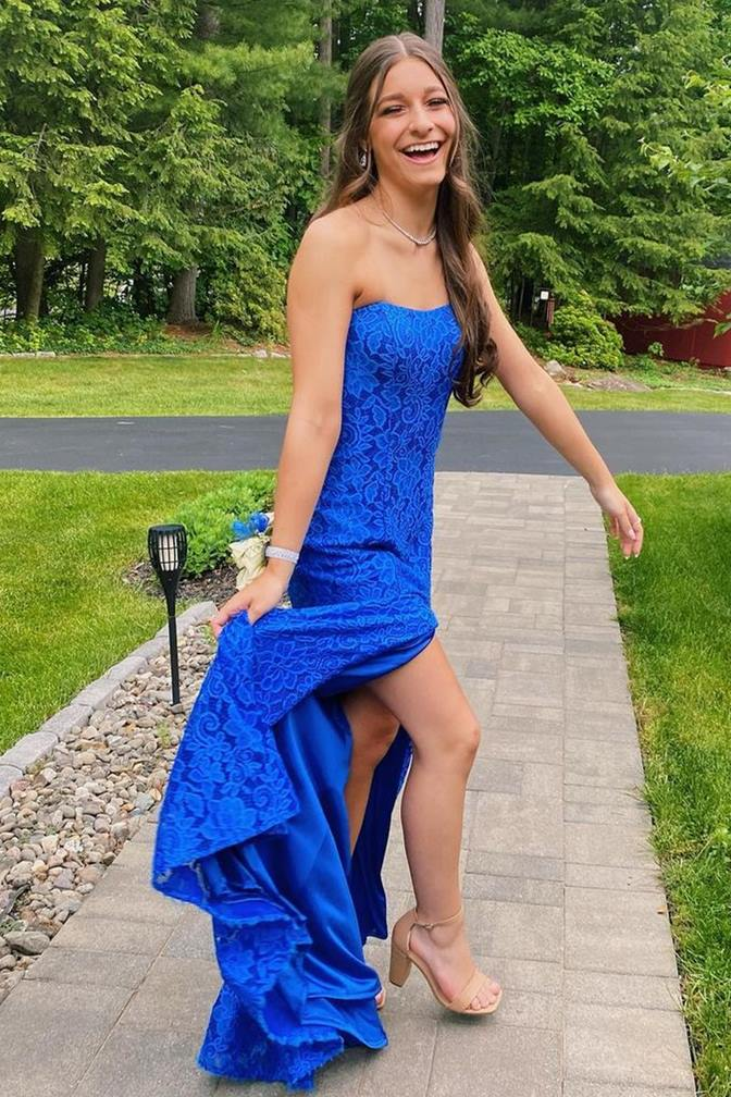 Strapless Royal Blue Lace Prom Dress with Slit cc459