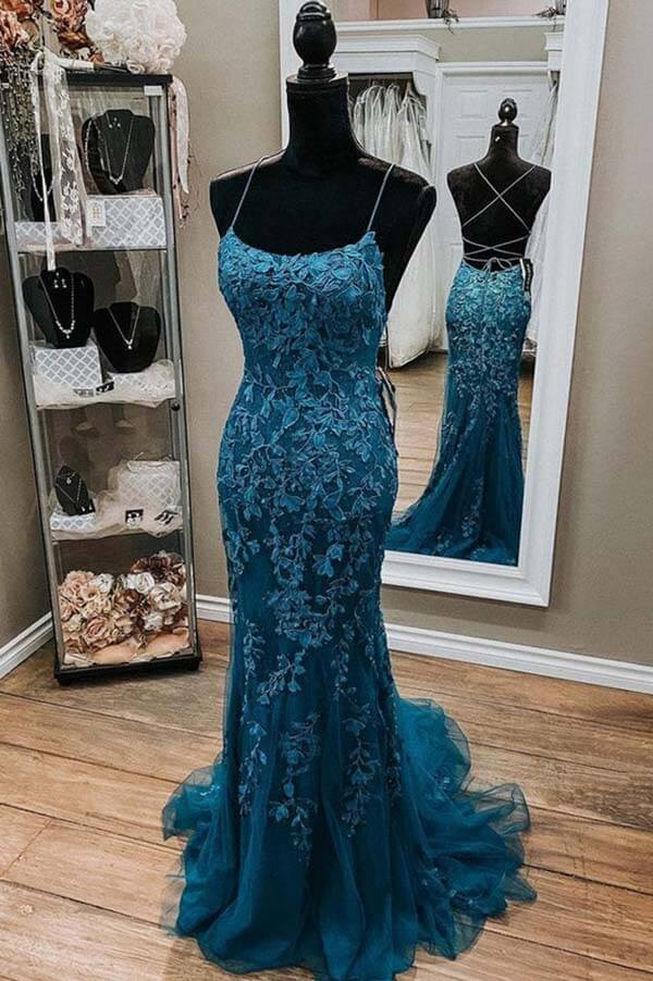 Tulle Lace Mermaid Spaghetti Straps Prom Dresses, Long Formal Dress,event dresses elegant cc350