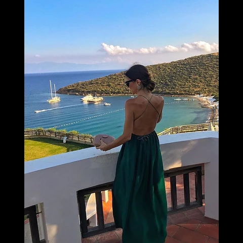 simple A-line dark green boho long party dress C968