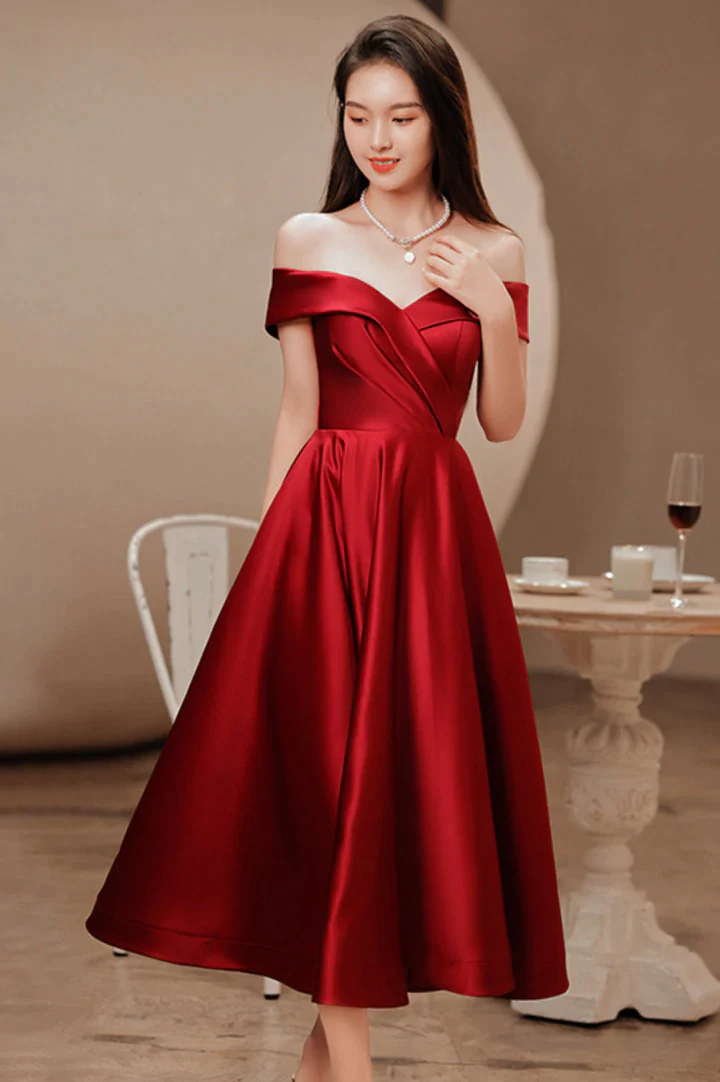 Wine Red Satin Tea Length Bridesmaid Dress Party Dress, Burgundy Satin Homecoming Dress c2978