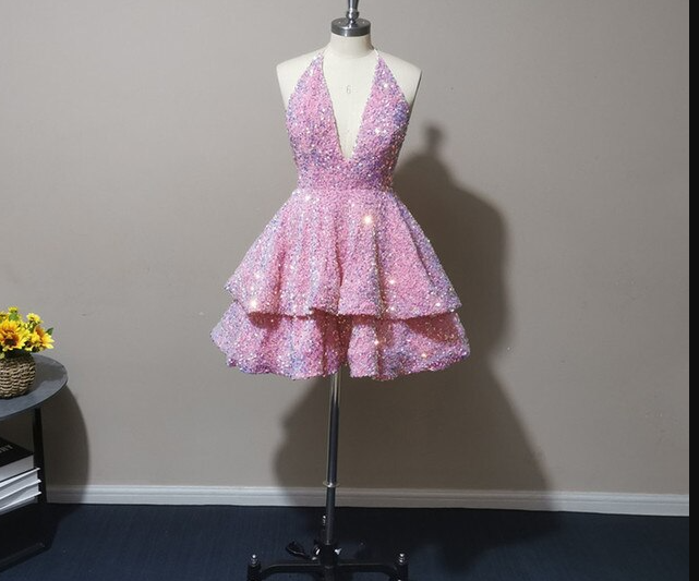 Halter Neckline Short Homecoming Dress Sequins Party Dress New Arrival Party Dress c2551
