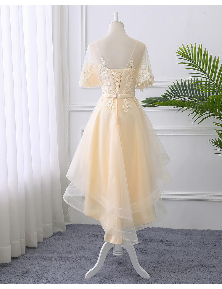 Adorable Light Champagne High Low Party Dress with Lace Applique, Short Homecoming Dress c2693