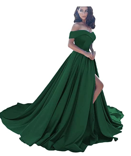 A-Line Off Shoulder Court Train Satin Elegant Formal Prom Dress C909