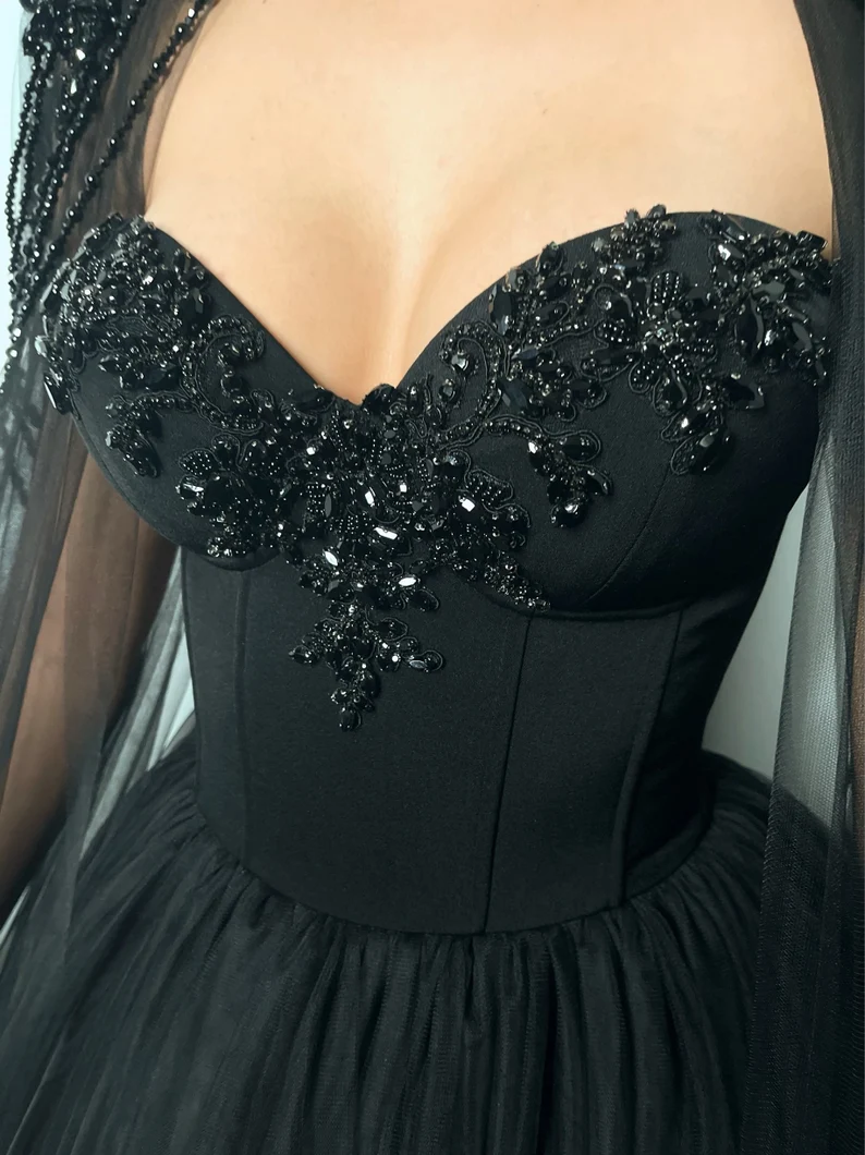 Black Gothic crystal beaded corset wedding tulle dress, elegant beaded alternive bride dress, long black cape black prom dress c2895