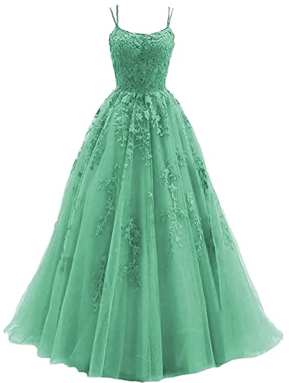 Silver spaghetti strap prom dress, long tulle lace appliquéd women's party dress C1890