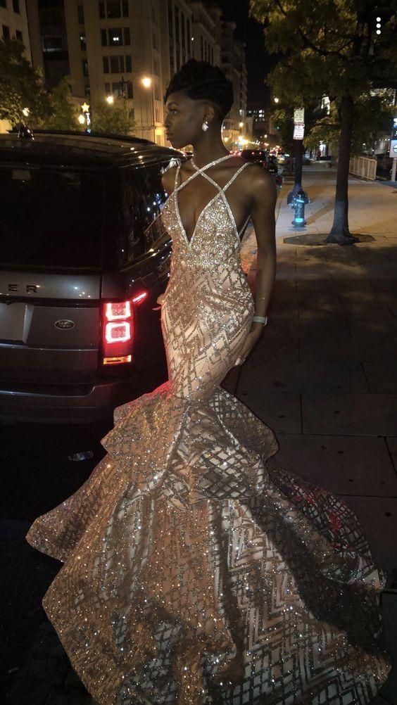 A-Line Sweep Train Sequined Prom Dress C572