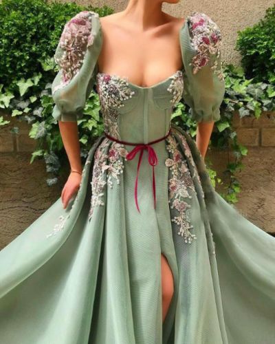 Elegant Mint Green Puff Sleeve Evening Dress with Slit C511