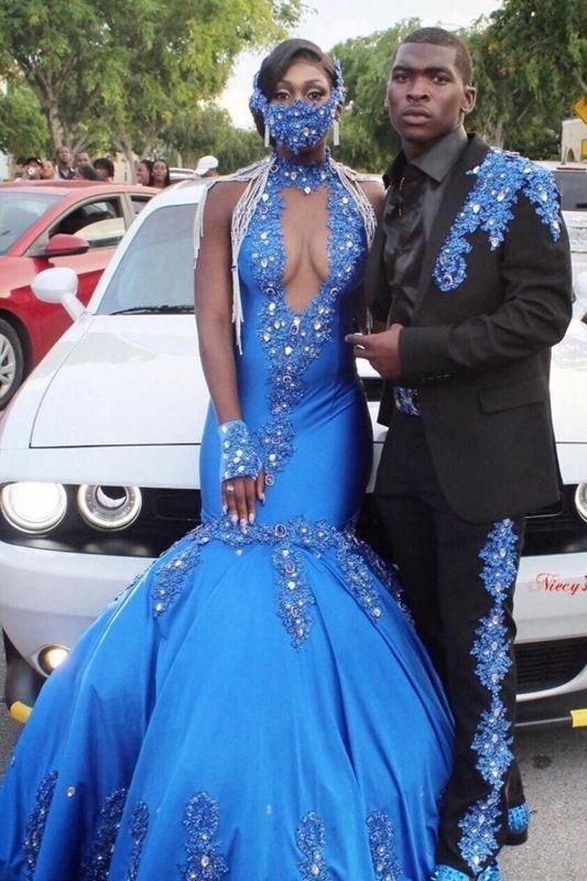 Glamorous Blue Halter Crystal Prom Dresses V-Neck Mermaid Evening Dres C535