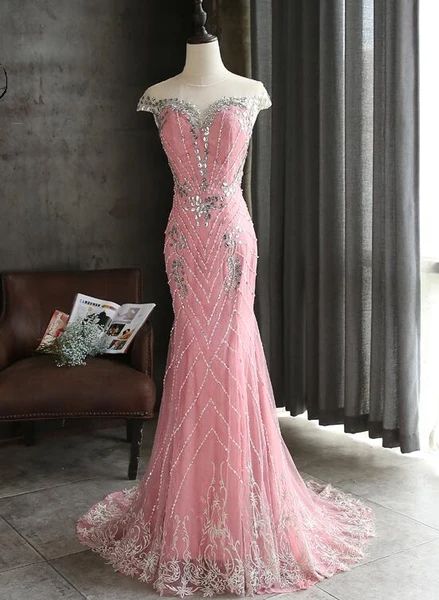 Pink Lace Mermaid Sequins with Lace Applique Party Dress, Pink Long Prom Dress Party Dress C538