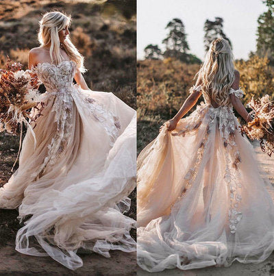 Off the Shoulder Wedding Dresses Bridal Gown with Appliques C494