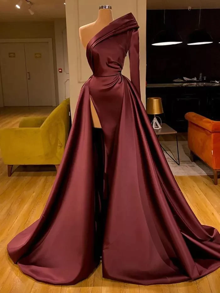 Elegant One Long Shoulder Solid Color Long-sleeve Evening Dress High Split cc315