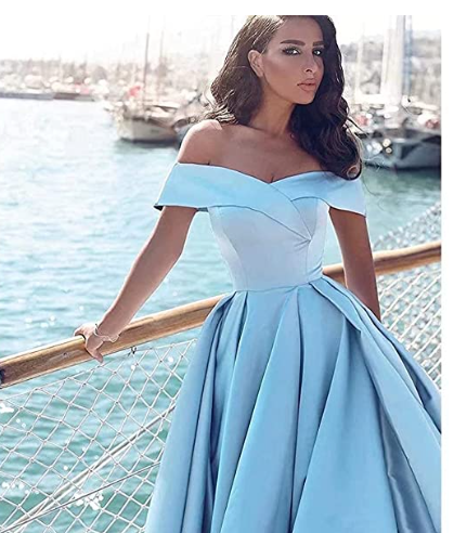 A-Line Off Shoulder Court Train Satin Elegant Formal Prom Dress C909