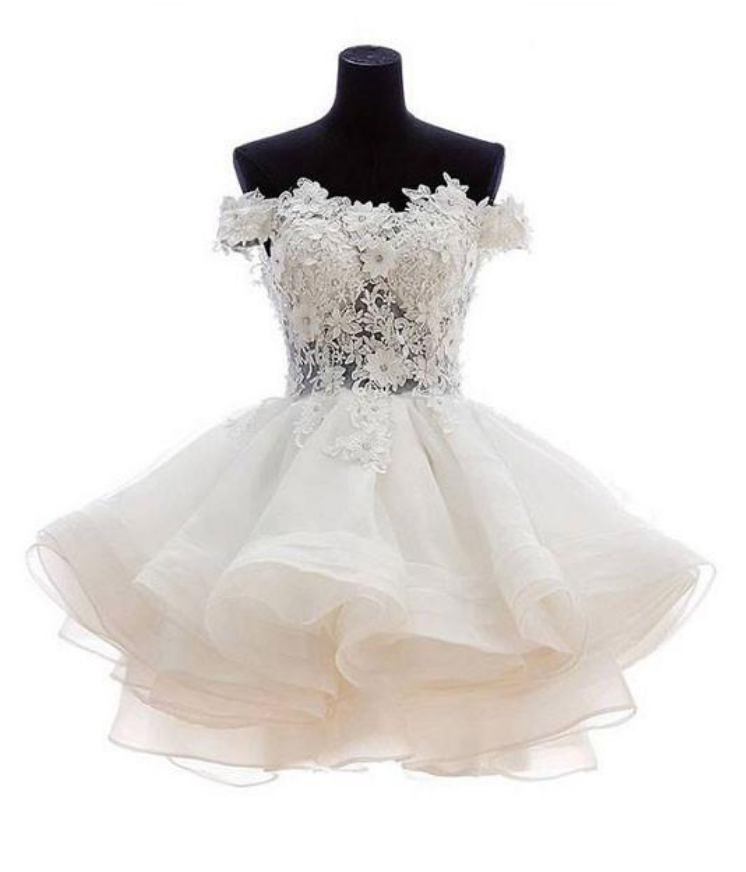 White sweetheart lace applique short cute white homecoming dress Off Shoulder Organza Short Lace Applique Teen Formal Dress c3219