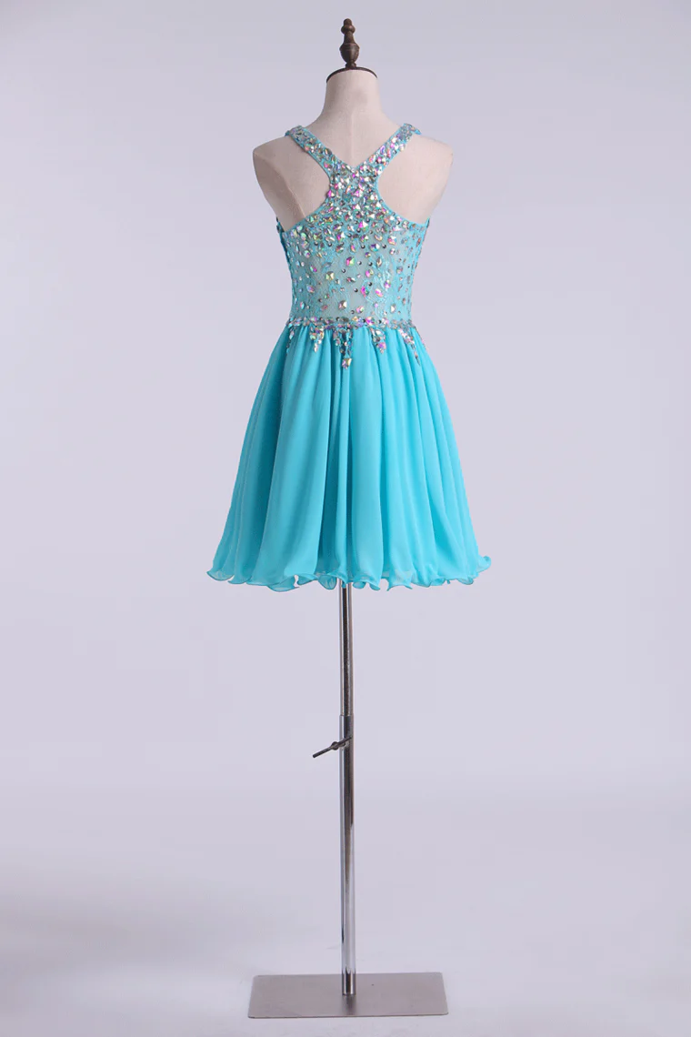 Blue Short Halter A Line Homecoming Dresses Lace&Chiffon Beaded Bodice c2605