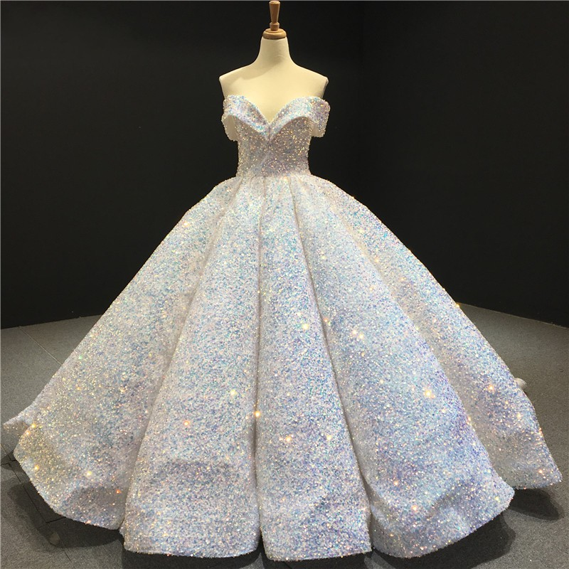 Sparkly Sweetheart Off The Shoulder Ball Gown Wedding Dresses | Sequin Puffy Bridal Gown c3259