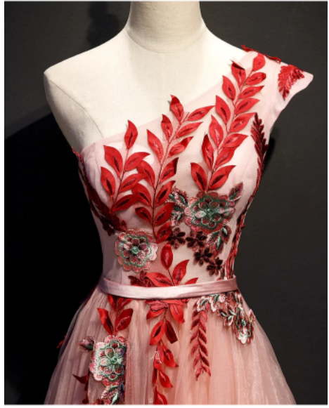 A Line One Shoulder Tulle Red Applique Long Prom Dress Evening C2363