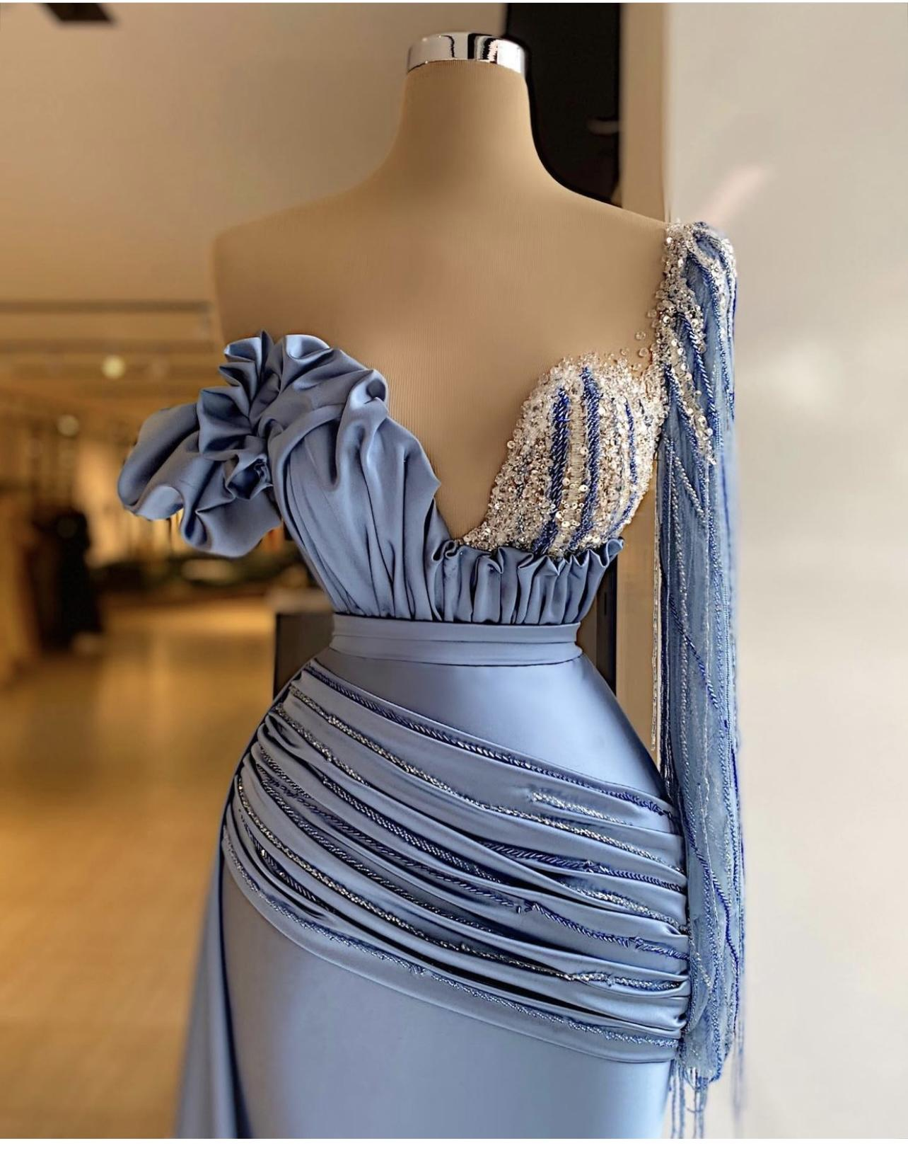One Shoulder Blue Mermaid Evening Dresses Crystal Long Sleeve Beaded Formal Prom Dress Custom Made Plus Size Pageant Wear Party Dress C2405