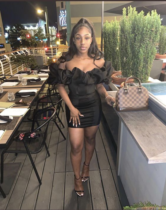 18th Birthday Outfit Black Girl Party Dress Ruffle Neck Black Party Dress cc188