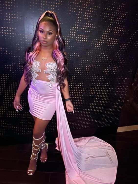 Sparkly Rhinestones Mesh Dress Pink Short Party Dress cc185