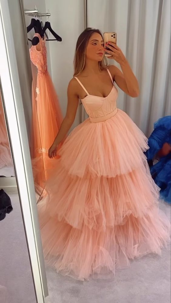 Spaghetti Straps Tulle Evening Dress Peach Senior Prom Dress cc192