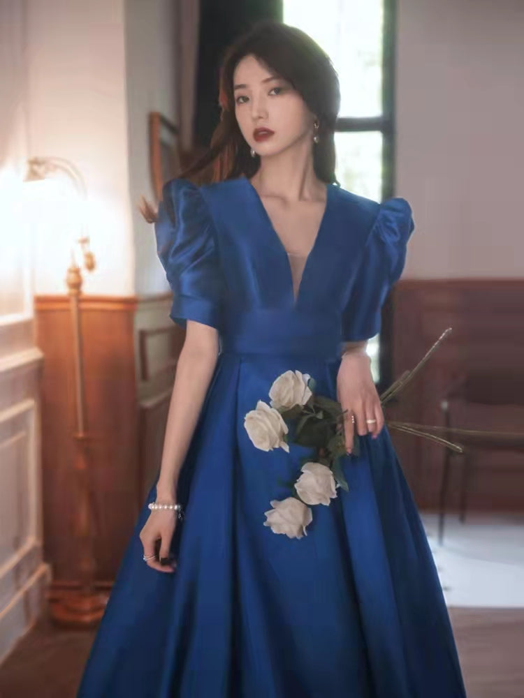 Yellow/Blue satin long A line prom dress evening dress C856