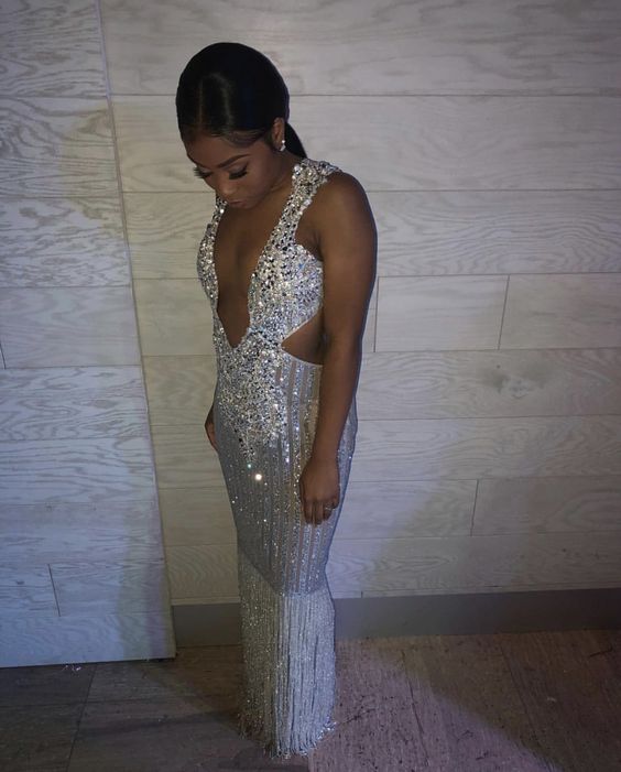 Black Girl Silver Luxurious Evening Dress Charming Mermaid Prom Dress cc74