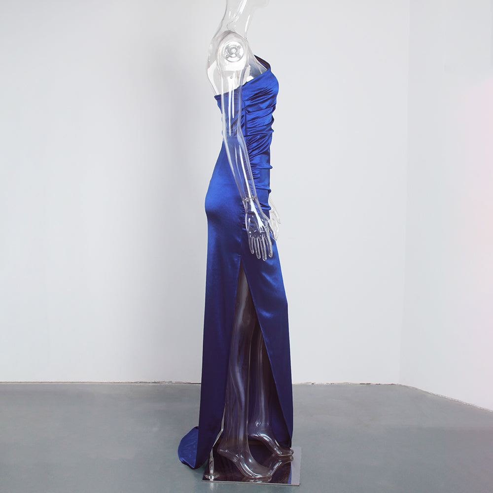 Sheath/Column Strapless Ruched Satin Sleeveless Sweep/Brush Train Long Prom Dresses C403