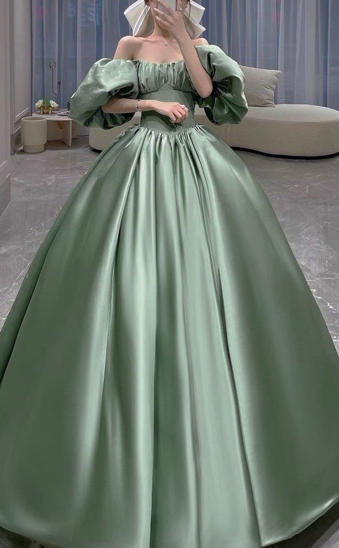 Sage Green Princess Ball Gown Satin Dresses cc265