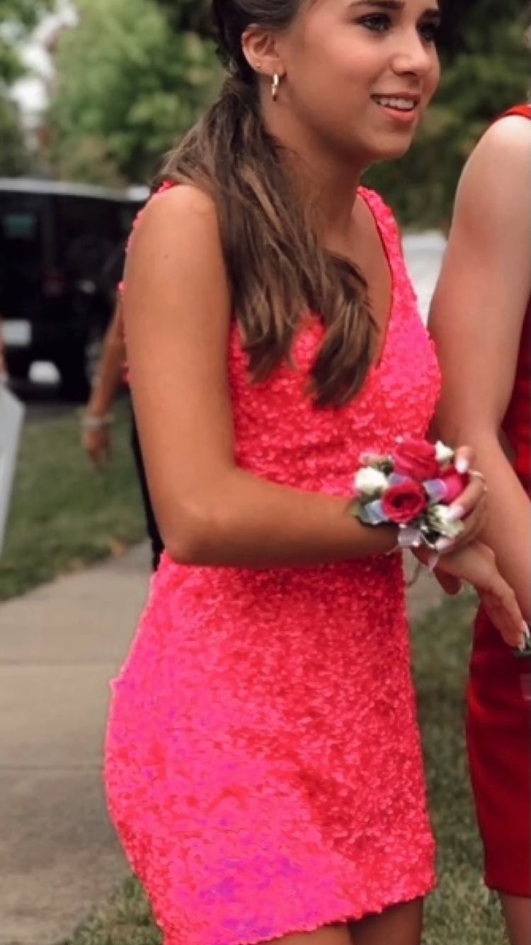 Hot Pink Sequins Short Fitted Homecoming Dress cc18