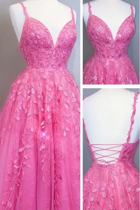 A-line bright pink lace appliqued long prom dress with lace up back c3446