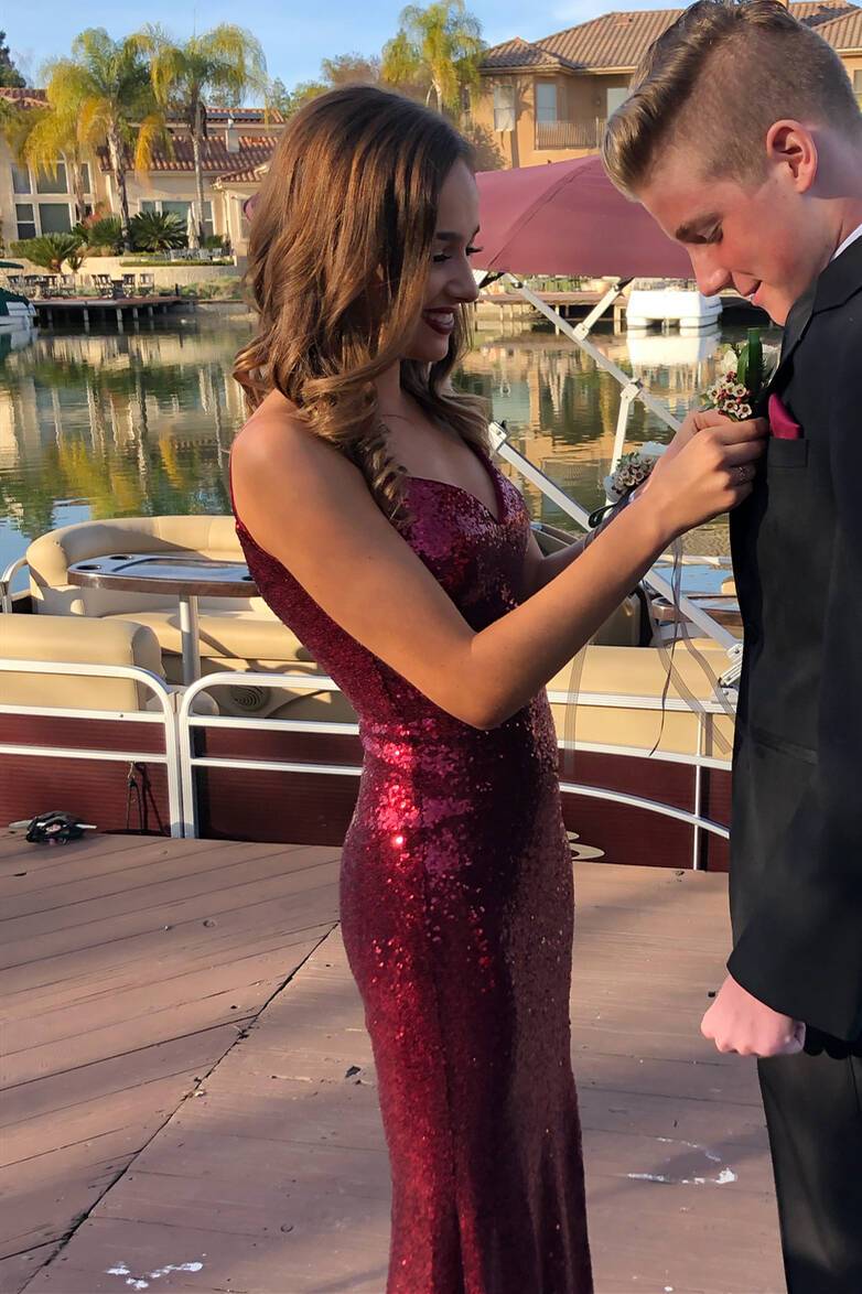 Glittery V-Neck Mermaid Long Burgundy Prom Dress cc488