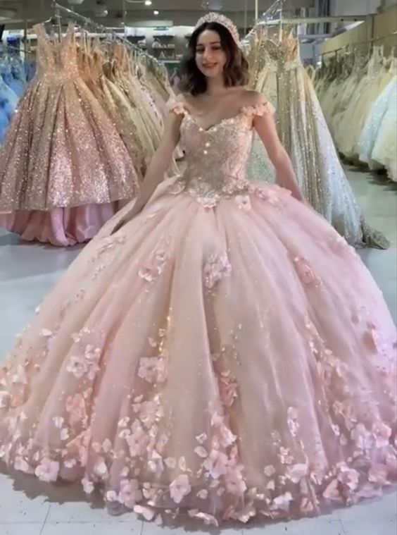 Pink Ball Gown With 3D Flowers Sweet 16 Dress Romantic Pink Embroidery Cape Ball Gown 3D Floral Beaded Long Sweet Frill Dress c2555